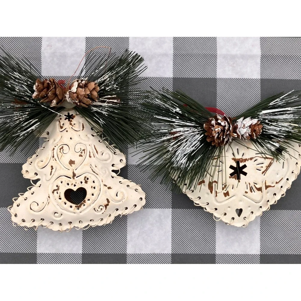 Hanna's Handiworks Christmas Ornaments Cream Rustic Metal Distressed Set of 2